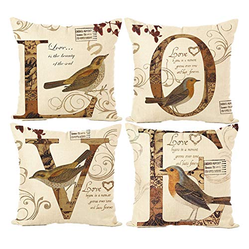 PSDWETS Home Decor Cotton Linen Love and Bird Valentine's Day Decorative Throw Pillow Covers Set of 4 Cushion Cover 18 X 18