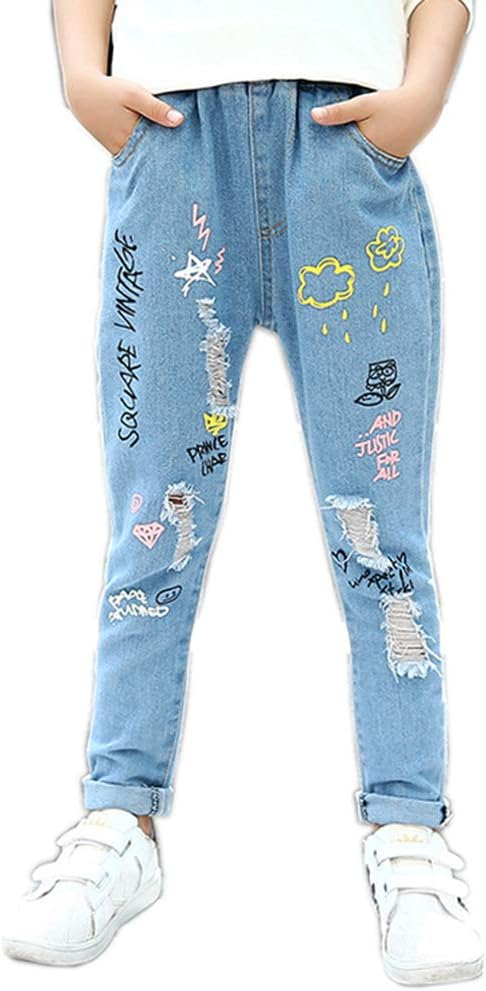 Big Girls Kids Distressed Ripped Hole Teens Jean Blue Cat Slim Denim Pants