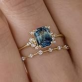 Metmejiao 2PCS Gold Deep Blue Zircon Stacking Rings Set with Square Blue Crystal Sapphire Engagement Rings, Vintage 925 Sterling Silver Wedding Band Ring Bridal Set Size 6