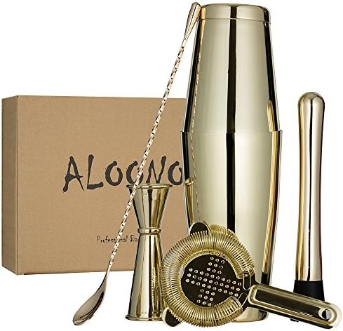 Gold Boston Cocktail Shaker Bar Set in Gift Box: 18oz &amp; 28oz Weighted Shaker Tins, Hawthorne Cocktail Strainer, Double Jigger (0.5oz - 2oz), 12'' Mixing Spoon, Drink Muddler and Greeting Card