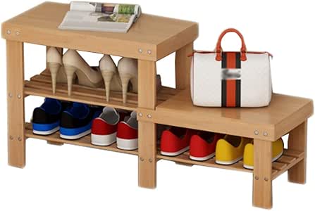 Banco de Zapato Alto y bajo Asiento de Madera Doble Estante de