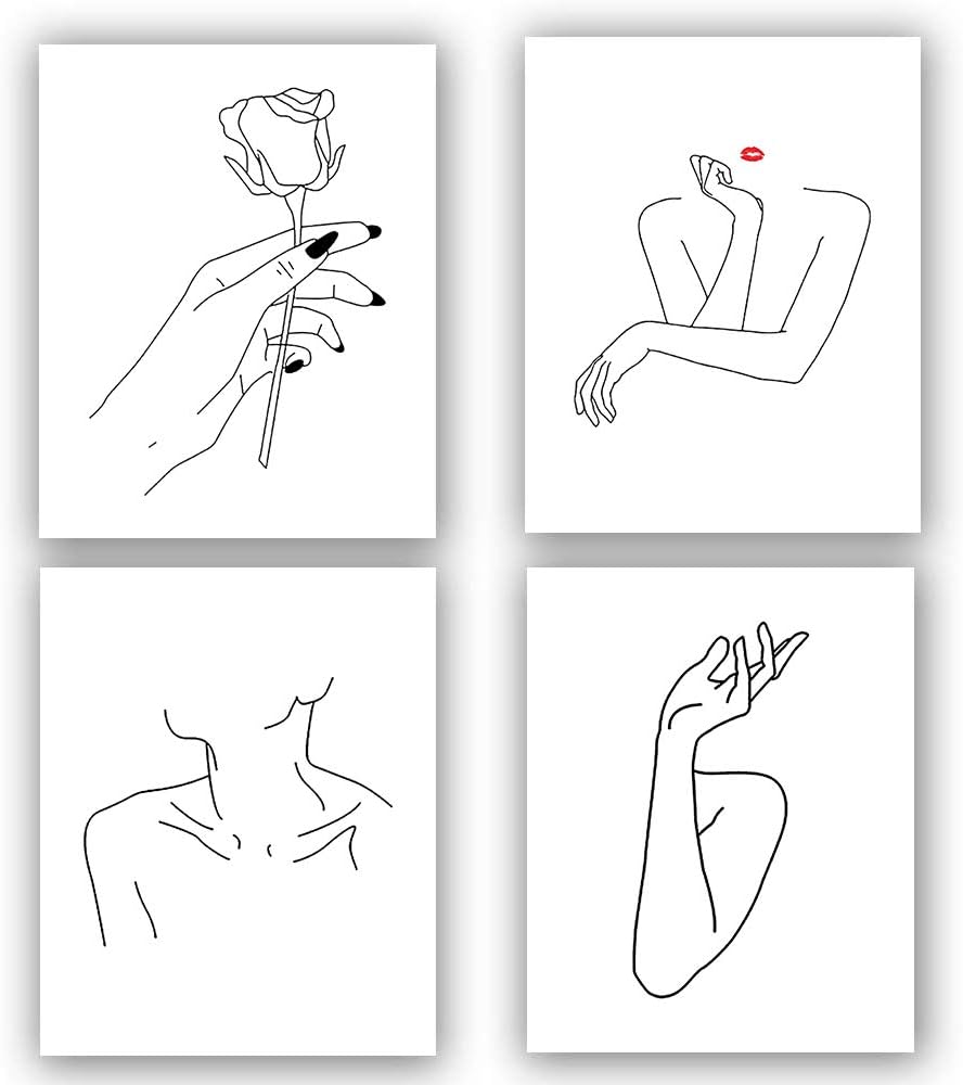 Nordic Fashion Women's Stick Figure Modern Minimalist Art Painting,Set of 4 (8”X10” Canvas Picture),Wall Art Pictures for Bathroom or Bedroom Home Decor,Women Girl Gift,No Frame