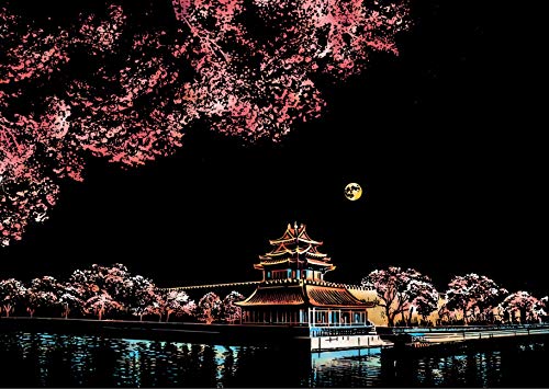 C-pop Scratch Art, Scratch Art Paper DIY Night View Scratchboard for Adult and Kids, with Stylus/Black Brush,8.2''x11.4'' (Ancient Buildings)