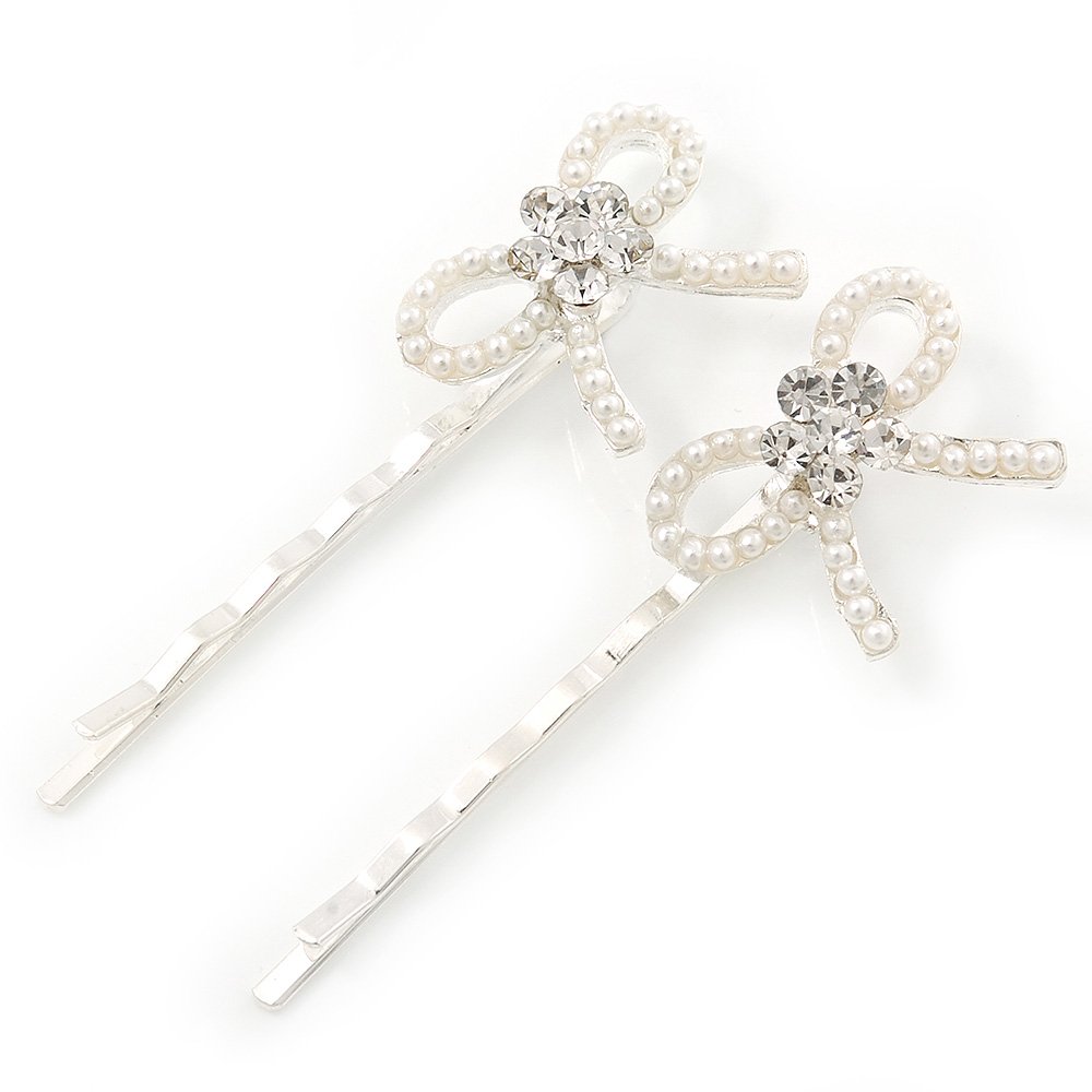 2 Bridal/Prom Crystal, Simulated Pearl 'Bow' Hair Grips/Slides In Rhodium Plating - 60mm Across