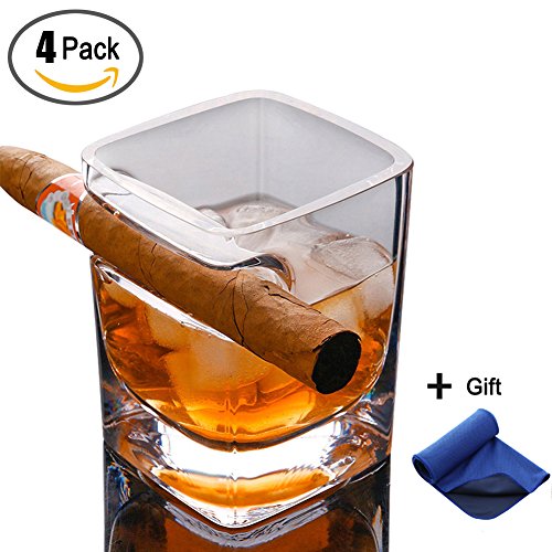 4 Packs Old Fashion Whiskey Glass With Cigar Holder Lead-free Wine Bourbon Brandy Beer Liquor Cup for Cigar Cigarette Lovers