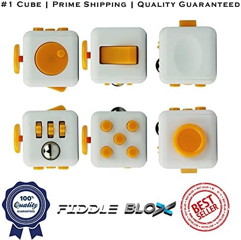 Fiddle Blox Fidget Cube Dice Toy - A Fun Way to Relieve Stress and Anxiety or ADHD for Children and Adults Anxiety Attention BEST QUALITY - USA SELLER (White with Yellow)