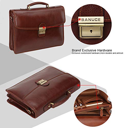 Banuce Full Grain Italian Leather Briefcase for Men Business Lock Attache Case 14 inch Laptop Messenger Bag