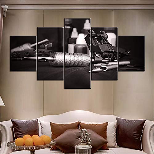 Living Room Decor Tattooing Machine Pictures Tattoo Instrument Wall Art Grey Paintings Multi Panel Printed on Canvas Vintage Artwork for House Giclee Framed Stretched Ready to Hang(60''W x 32''H)