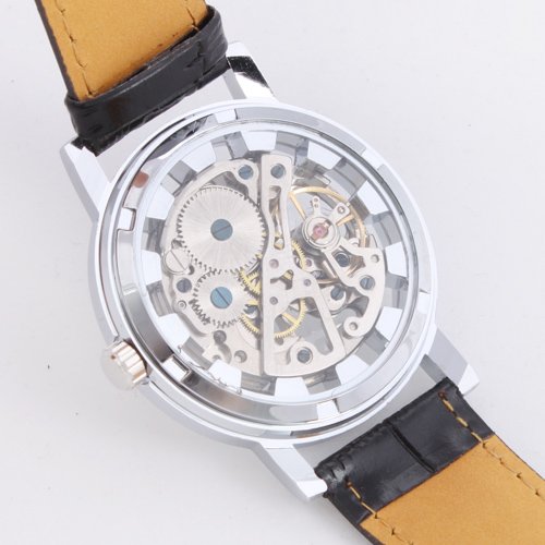 Winner Unisex Waterproof Silver White Round Dial Stainless Steel Hand Wind up Skeleton Watches
