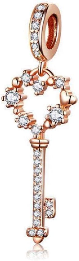 FeatherWish Key Of Friendship And Happiness Unlock My Heart Rose Gold 925 Sterling Silver Pendant Dangle Charms With Cubic Zirconia Compatible With Pandora Bracelet European 3mm Charm Bracelets