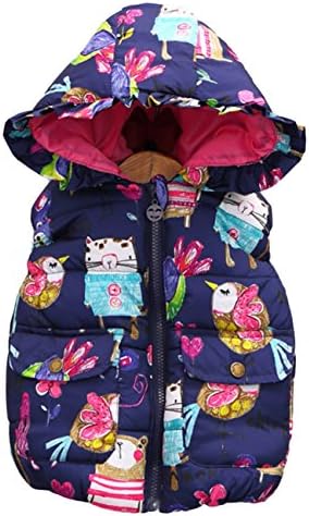 Thrivqyaf Little Girls Cartoon Scrawl Printed Hooded Vest Zipper Outerwear Navy 3T