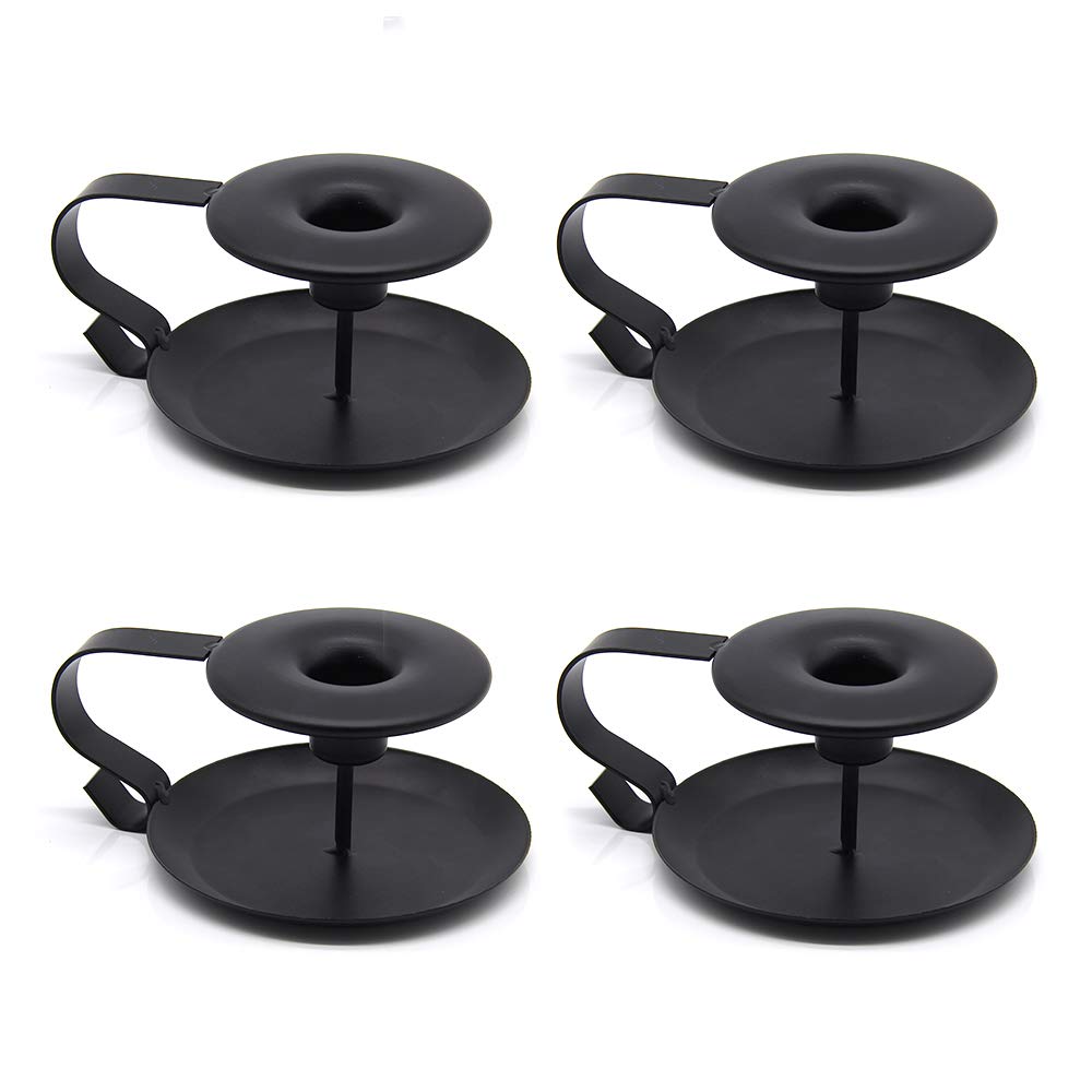VINCIGANT Black Taper Candle Holder,Retro Wrought Iron Chamberstick Candlestick Holders for Fireplace Mantle Table Decoration,Pack of 4