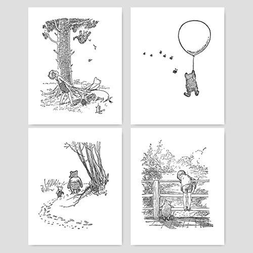 Winnie the Pooh Black and White Nursery Art 8×10 Baby Boy Prints Girls Wall Decor Set of 4 – Unframed