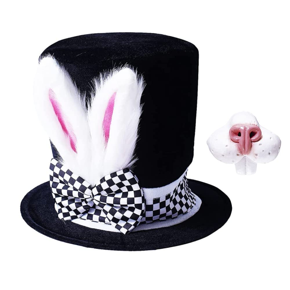 BigTree Easter Bunny Hat with Rabbit Nose Adult Costume Men Women Witch Party Hats White Rabbit Ear Black Fancy Dress Up Set Hat Dress Up Velvet Bonnet for Carnival Easter Halloween Cosplay Wizard — image 1