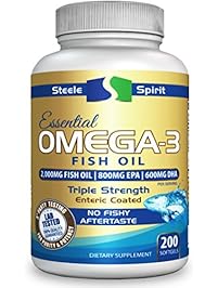 Essential Fish Oil Omega 3 Supplement - Pure, Potent And Absorbable - Support Your Heart Health And Avoid Fish Burps - 100% Tasteless, Odorless and Burpless - 200 Softgel Capsules - By Steele Spirit