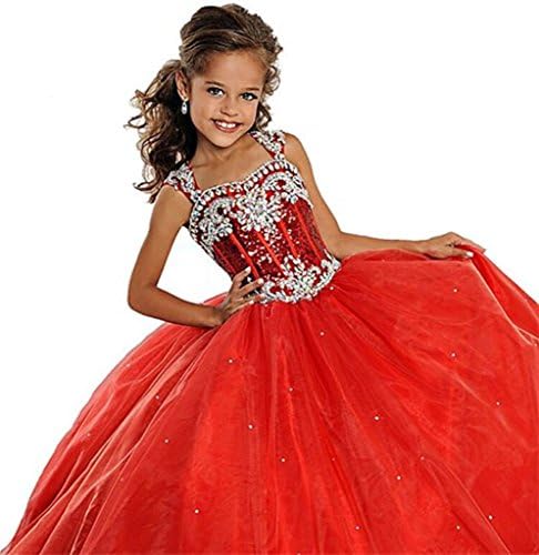 HSDJ Little Girls Crystals Ball Gown Beaded Ruffled Long Pageant Dresses 6 US Red