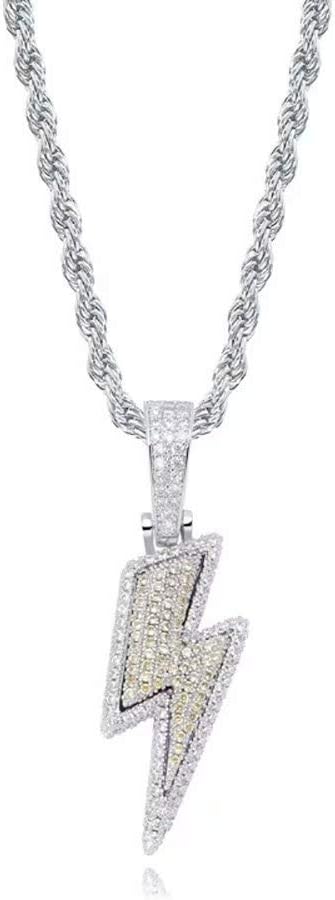 OSPRER Lightning Bolt Pendent Necklaces Hip Hop Lightning Bolt Design Pendant 18k Gold Plated Iced Out CZ Pendant Necklace with Diamond for Men Women Lightning Bolt Charm Pendant
