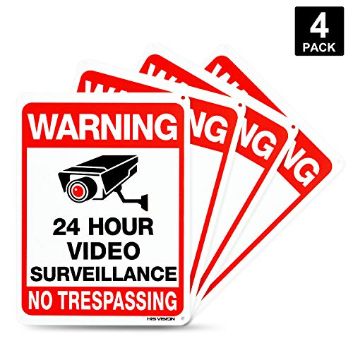 HISVISION Video Surveillance Sign 4-Pack, No Trespassing Metal Reflective Warning Sign,UV Protected & Waterproof, 10"x 7" 0.40 Aluminum Indoor Or Outdoor Use for Home Business CCTV Security Camera