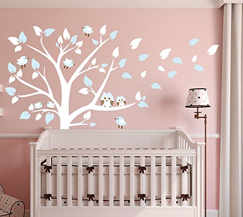 LUCKKYY Cute Owls with Birds Stand on The Tree Wall Decals Tree Wall Decals Tree Wall Sticker for Kid Baby Nursery Room (87x78) (Blue)