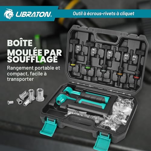 LIBRATON Insert pliers, threaded insert pliers, professional ratchet nut pliers, crimping pliers with 5 metric chucks, 5 nozzle nuts, 50 threaded inserts, case, nut pliers for repair