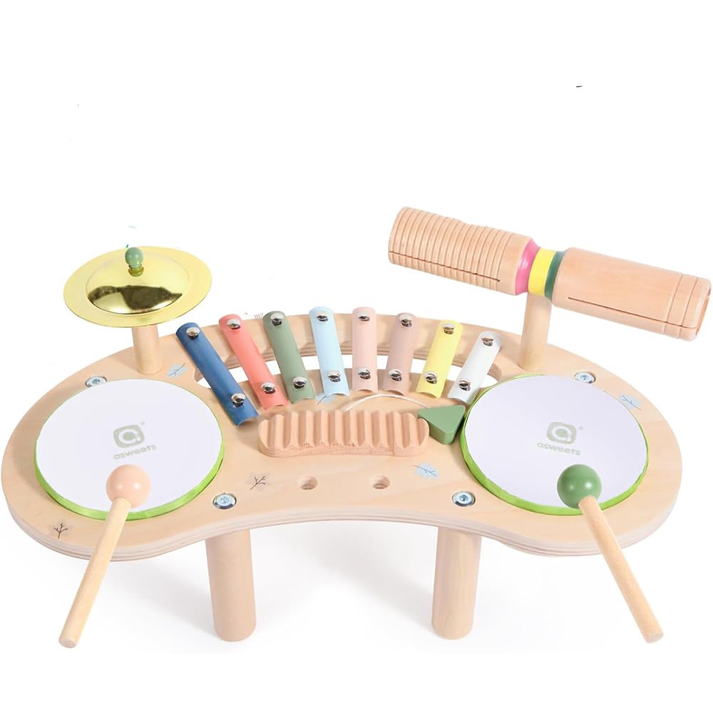 Asweets 7 in 1 Kids Drum Set for Toddlers, Wooden Xylophone Musical Instruments Kit Play Set for Girls Boys 3+, Montessori Musical Toy Drum Set for Birthday Gifts