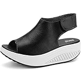 SHAKE Women's Shape Ups Leather Strength Fitness Comfort Walking Wedges Sandals Platform Shoes For Women (9.5US=Women EU 42, Black)
