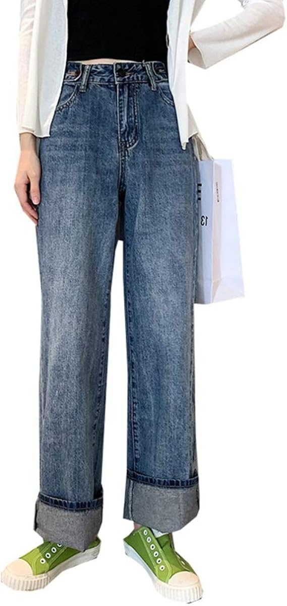 Amazon ジーンズ ワイドパンツ ブルー レディース デニムパンツ 韓国 ファッション ジーパン シンプル 無地 ロング ズボン S デニム パンツ レトロ デニム ジーンズ ゆったり カジュアル ワイドパンツ 秋 ジーンズ ガウチョパンツ ジーンズ 通販