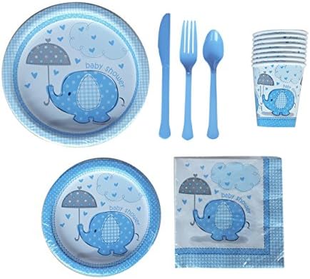 Blue Umbrellaphants Baby Shower Party Supplies Pack - Deluxe w/ Lunch and Dessert Plates, Napkins, Cups, and Cutlery