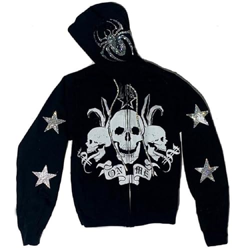 YEOU Women Rhinestone Y2K Spider Skeleton Hoodies Punk