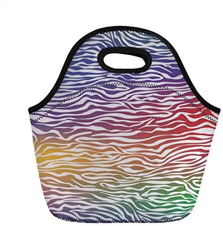 Portable Bento Lunch Bag,Zebra Print,Abstract Zebra Skin Pattern Geometric Horizontal Lines Stripes Illustration Decorative,Purple Red Yellow,for Kids Adult Thermal Insulated Tote Bags