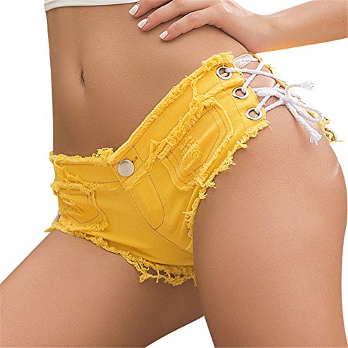 Women's Low Rise Ripped Lace up Denim Shorts Jeans Shorts Pants Hot Pants L Yellow