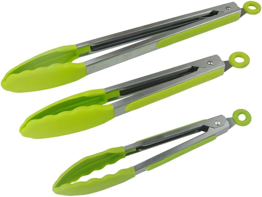 AINAAN Three-Piece Kitchen Tongs- Stainless Steel Silicone BBQ（2019）, 7, 9, 12 Inch, Green