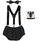 IBTOM CASTLE Baby Boy 1st Birthday Cake Smash Outfit Jungle Wild ONE Shorts+Suspenders+Bowtie+Crown 4pcs Set for Photo Shoot