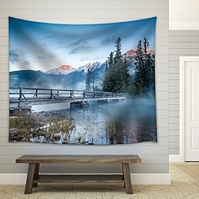 First Glimpse of a Golden Sunrise on a Misty and Foggy Morning at Pyramid Lake in Jasper National Par - Fabric Wall Tapestry Home Decor - 51x60 inches