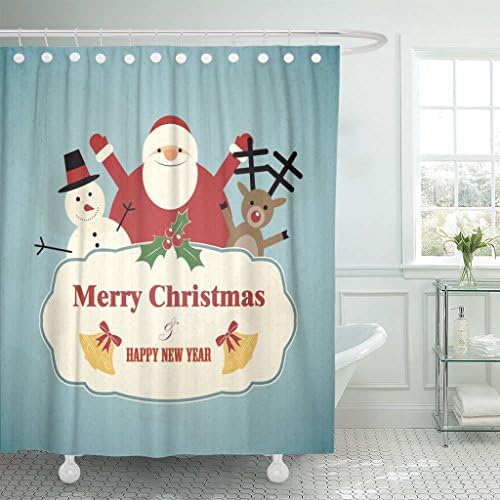 VaryHome Shower Curtain Blue Character Christmas with Santa Claus Snowman and Deer Retro Green Rudolf Waterproof Polyester Fabric 72 x 78 Inches Set with Hooks