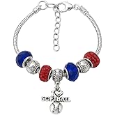 Sportybella Softball Charm Bracelet, Red and Blue Beaded Adjustable Chain with I Love Softball Pendant, Jewelry & Gifts, Players, and Teams