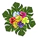 HEHALI Hawaiian Luau Party Supplies Set, 1 Pack Yellow Hawaiian Grass Table Skirt, with 12pcs 8 Inches Tropical Palm Monstera Leaves and 30pcs Hibiscus Flowers (5pcs Adhesive Hook & Loop Tapes)