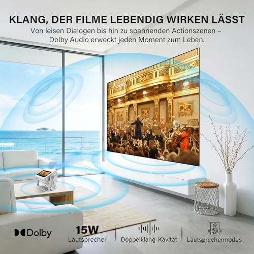 Proyector Inteligente Compatible 4K, Videoproyector Full HD 1080P con Pantalla Táctil, Doble Pantalla, 1200 ANSI, Enfoque Automático, WiFi 6 Bluetooth, 1000+ Apps, para Cine en Casa Dormitorio Camping