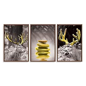 3 Panel Framed Canvas Wall Art for Living Room, Bedroom Deer with Gold Antlers Canvas Prints for Home Decoration Ready to Hang - 16"x24"x3 Panels