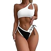 YELAIVP Women's Bikini Sets One Shoulder High Waisted Two Piece Swimsuit Lace Up High Cut Bathing Suit