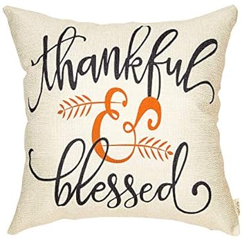 Fjfz Rustic Autumn Fall Décor Thankful and Blessed Farmhouse Style Thanksgiving Day Decoration Cotton Linen Home Decorative Throw Pillow Case Cushion Cover with Words for Sofa Couch, 18