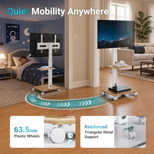 BONTEC TV Stand with 5 Castors and Wooden Base, Universal TV Stand for 32-80 Inch TVs, VESA 600 x 400 mm, 60 kg, Adjustable Height 1210-1500 mm, Tilt, Swivel, No Drilling Required