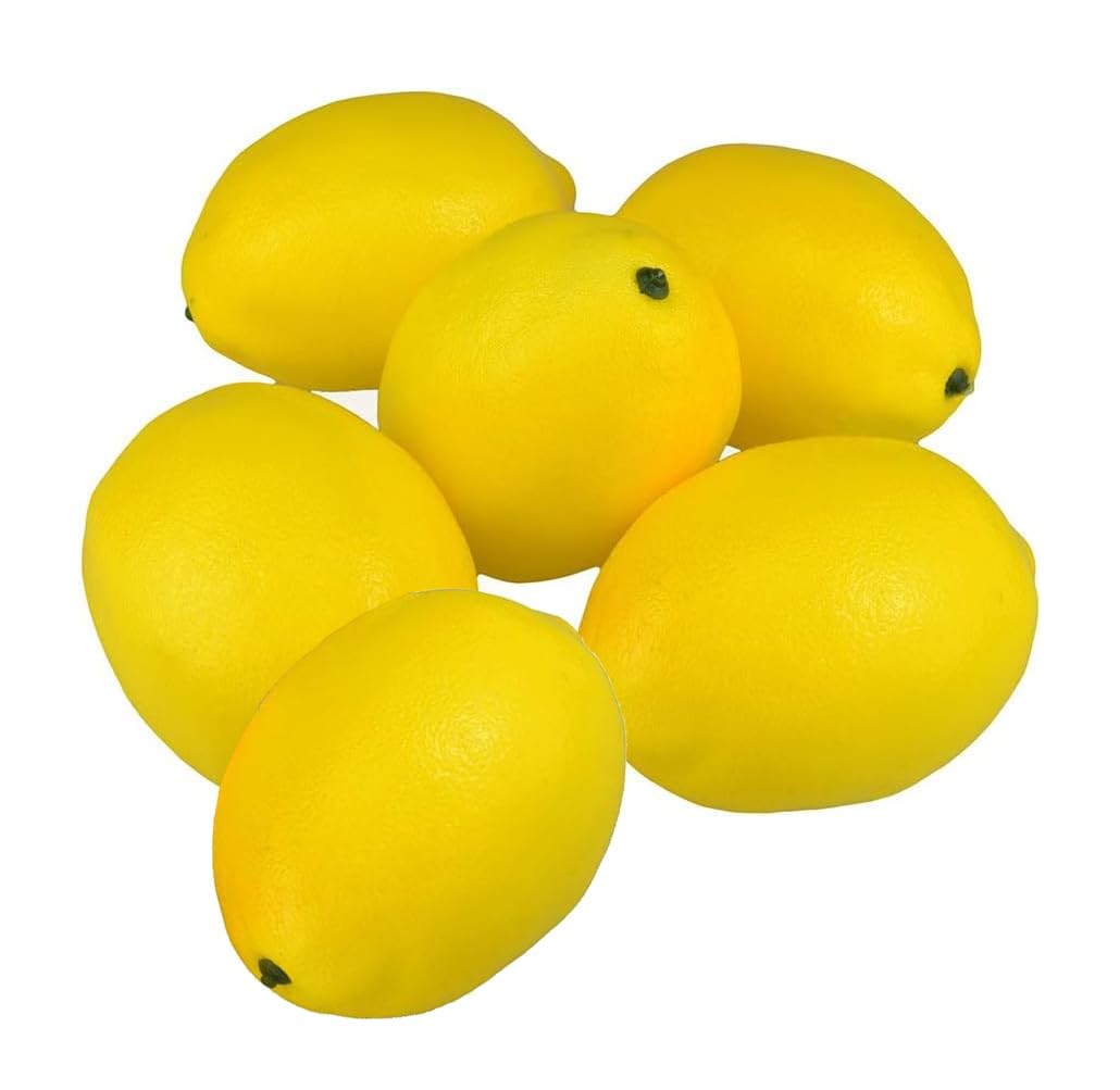 LATRAT Pack of 6 Artificial Yellow Lemon, Faux Yellow Lemons Decor, Realistic Fake Fruit Lemons for Bowls, Decor, Table Centrepieces, Summer Lemons Decorations Party