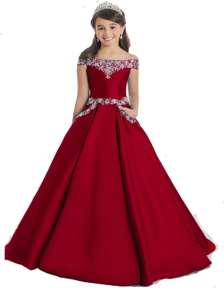 GreenBloom Off The Shoulder A Line Pageant Dresses with Beaded Corset Pockets Formal Dresses