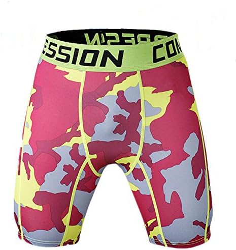 Welen Men Sports Running Print Compression Under Base Layer Shorts (M, Red Yellow)