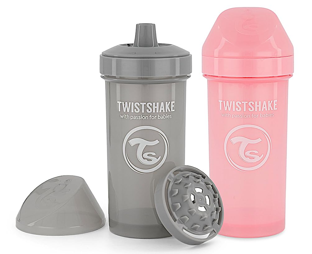 Twistshake 2X Kids Cup | Leak-Proof Baby Drinking Bottle with Hard Spout and Fruit Mixer - 360ml | Trainer Bottle for Toddlers | Spill-Proof Baby Water Bottles | Non-Spill & BPA-Free | Pink Grey