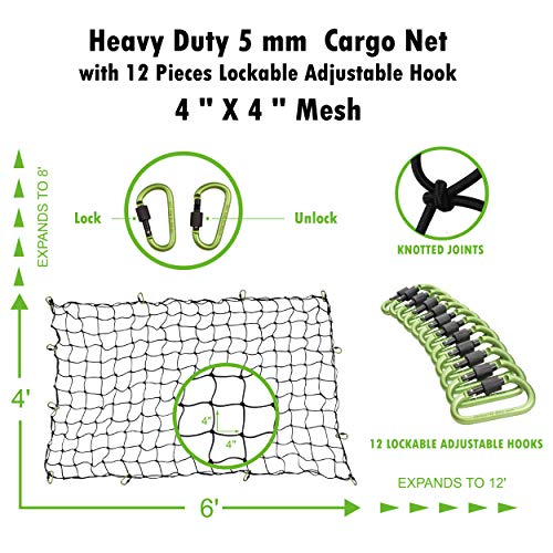 Seah Hardware 4 x 6 FT Super Duty Bungee Cargo Net for Truck Bed Stretches to 8 x 12 FT | 24 Pieces Universal Hooks| Small 4 x 4 Inches Mesh| Bonus 43.3 x 15.7 inch Envelope Cargo Net