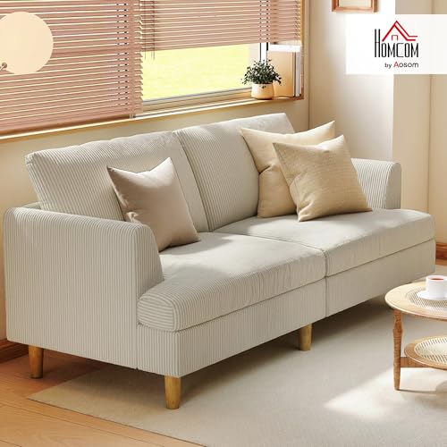 HOMCOM 3 Seater Sofa, 74" Modern Corduroy Upholstered Couch with Thick Spring Cushions, Solid Wood Legs, Armrests for Living Room, Bedroom, Apartment, Beige