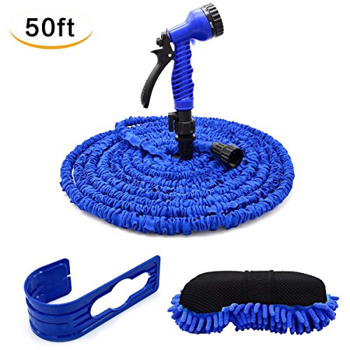 Expandable Lawn Garden Hose,CarBoss 50 Foot Car Washing Hose for Watering Plants,Auto Wash,Cleaning Patio House or Garage with 7-way Spray Nozzle,Wash Sponge Pad and Plastic Hook (Plastic Connector)