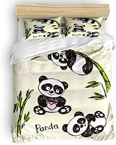 Duvet Cover Set Printed 4 Pcs Bedding Set Queen Size Include Duvet Cover, Bed Sheet, Pillow Shams Happy Playing Panda Soft Quilt Sets for Children/Adults